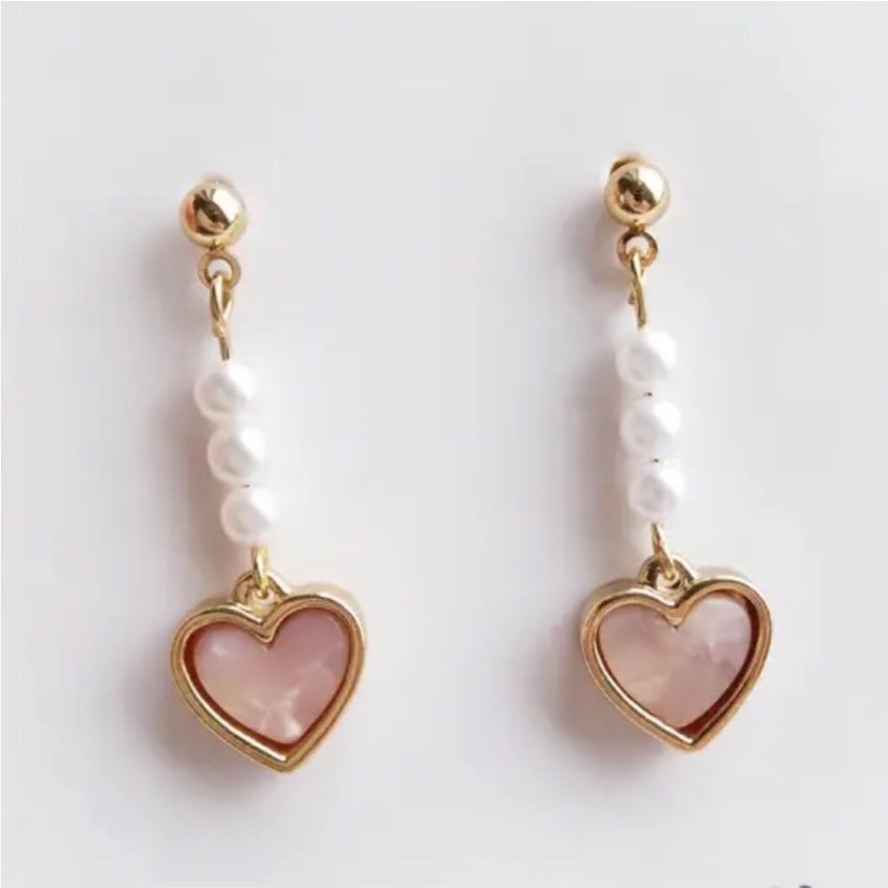 Gold Filled Pink Heart Pearl Earrings - Picture 1 of 1